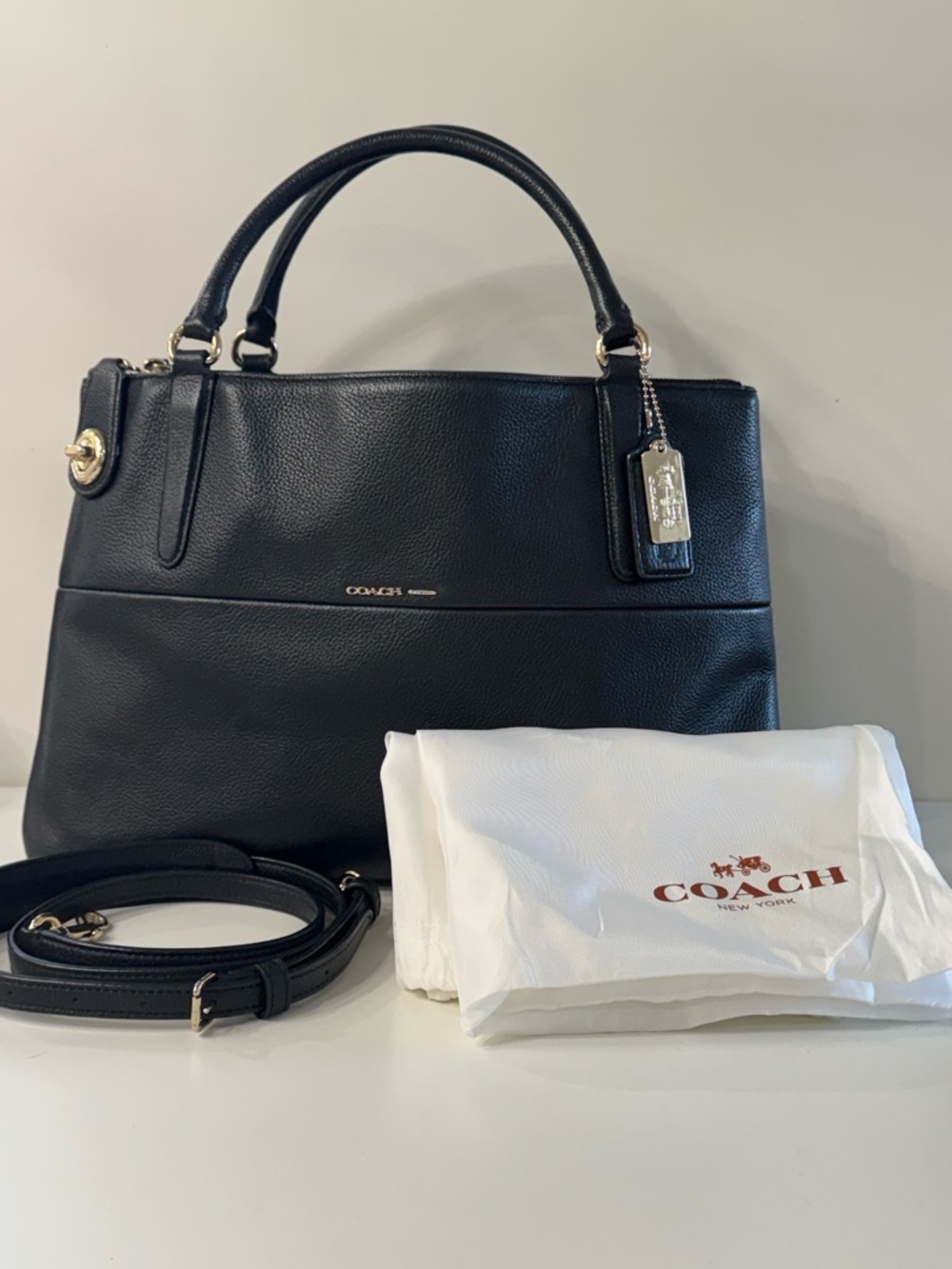 Coach Black Leather Structured Satchel with Gold Hardware